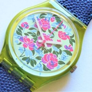 Swatch 1990’s Vibrant Floral Watch with Leather Strap